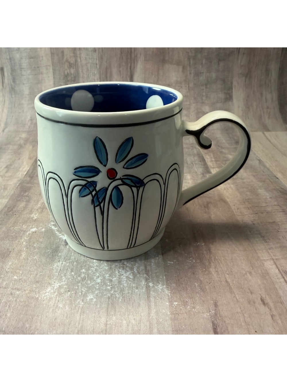 Molly Hatch Flower Patch Ceramic Coffee Mug White Blue Polka Dot Flower Cup